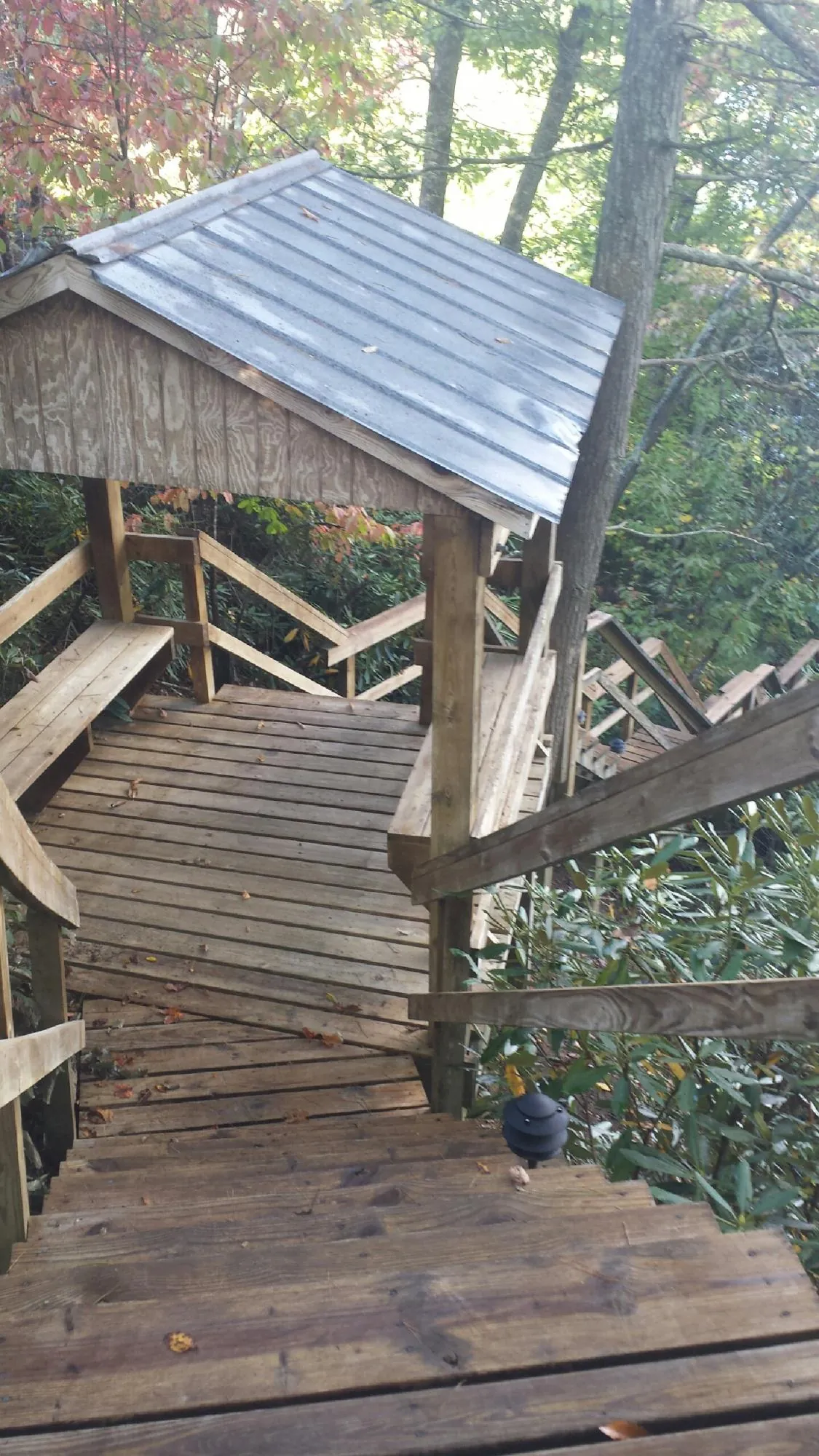 Metal roofed shelter over wooden steps on a wooded walkway — Skylight Repair & Installation work by our crew in Wilder